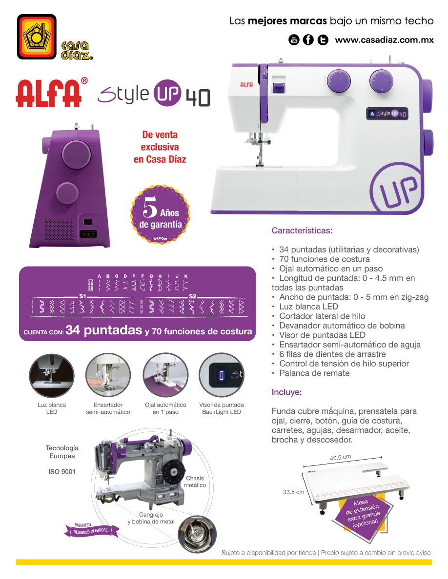 Casa Díaz MX on X: Las máquinas de coser Alfa Style Up 30 y 40, son  ideales para cualquier proyecto, te permiten coser telas ligeras y livianas  hasta mezclillas y telas pesadas.