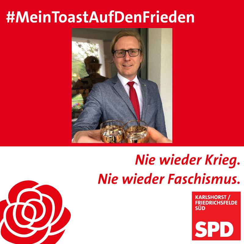 Wir begehen den trad. "Toast auf den Frieden" am #TagDerBefreiung digital mit #MeinToastAufDenFrieden. <a href="/KevinHoenicke/">Kevin Hoenicke</a> beginnt: 

"Den Tag der Befreiung nicht frei und nicht gemeinsam in großer Solidarität zu begehen, ist herber Einschlag. Gedenken darf aber niemals untergehen!"