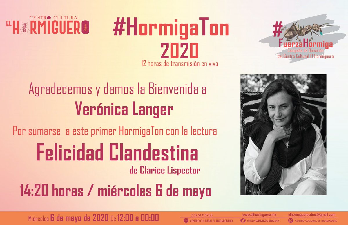 ElHormigueroMx's tweet photo. 📍Bienvenida Verónica Langer al 1er HormigaTon.

Te esperamos este miércoles 6 de mayo desde las 12 del medio día. 12 horas de transmisión en vivo.
¿Nos ayudas a compartir?
Dona. ❤️🐜
https://t.co/UO1u3UVSai
Cualquier aportación es buena.
#FuerzaHormiga
#FuerzaMexico
#Covid19 https://t.co/UbhbJOFb51
