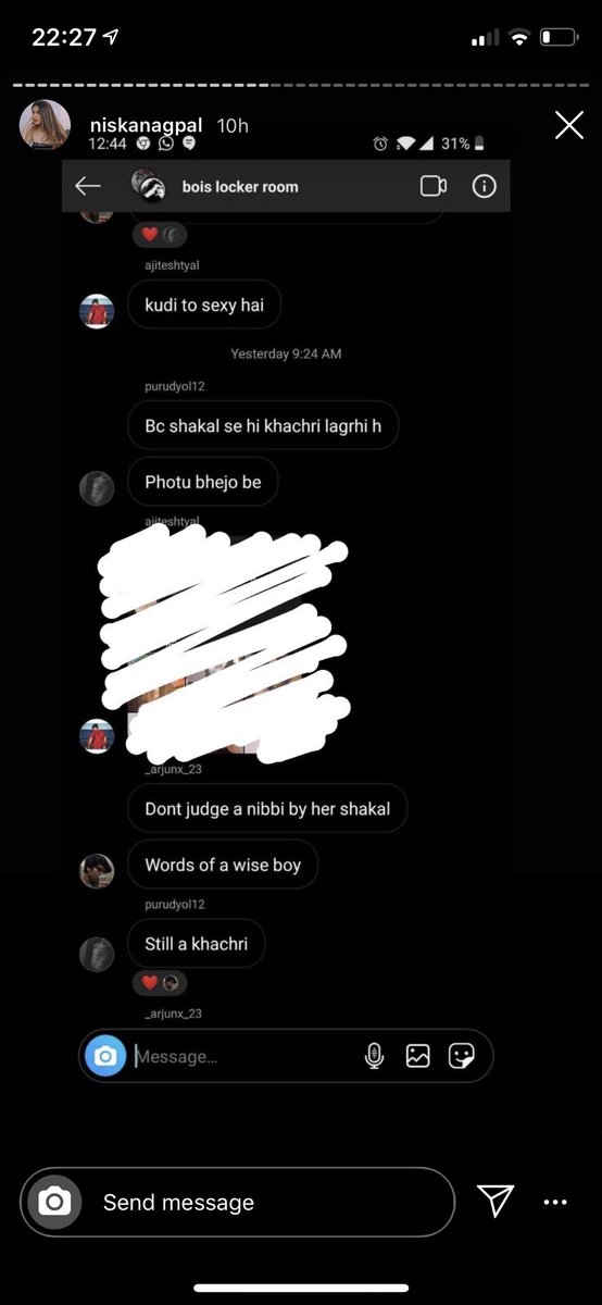 smruthy's tweet photo. In other horrifying news, there’s the bois locker room where people compare clit pictures and discuss possible rape options of minors. In Delhi. Like they’re discussing burgers. @instagram @Cybercellindia have you seen this? https://t.co/Sokyv9vmgq