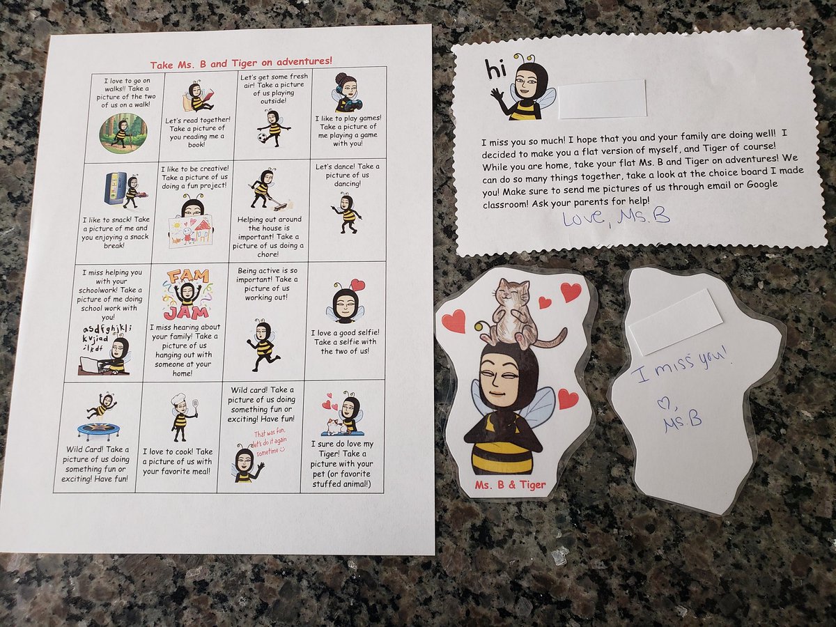 MsB_SPED35's tweet photo. Today I made a "flat Ms.B and Tiger (my cat!)" I can't wait to see the pictures my Ss send me!🤗♥️🐝🐈#msbsped #msbhive #lcps20 #autism @CedarLaneES https://t.co/V9AQFJCiGe