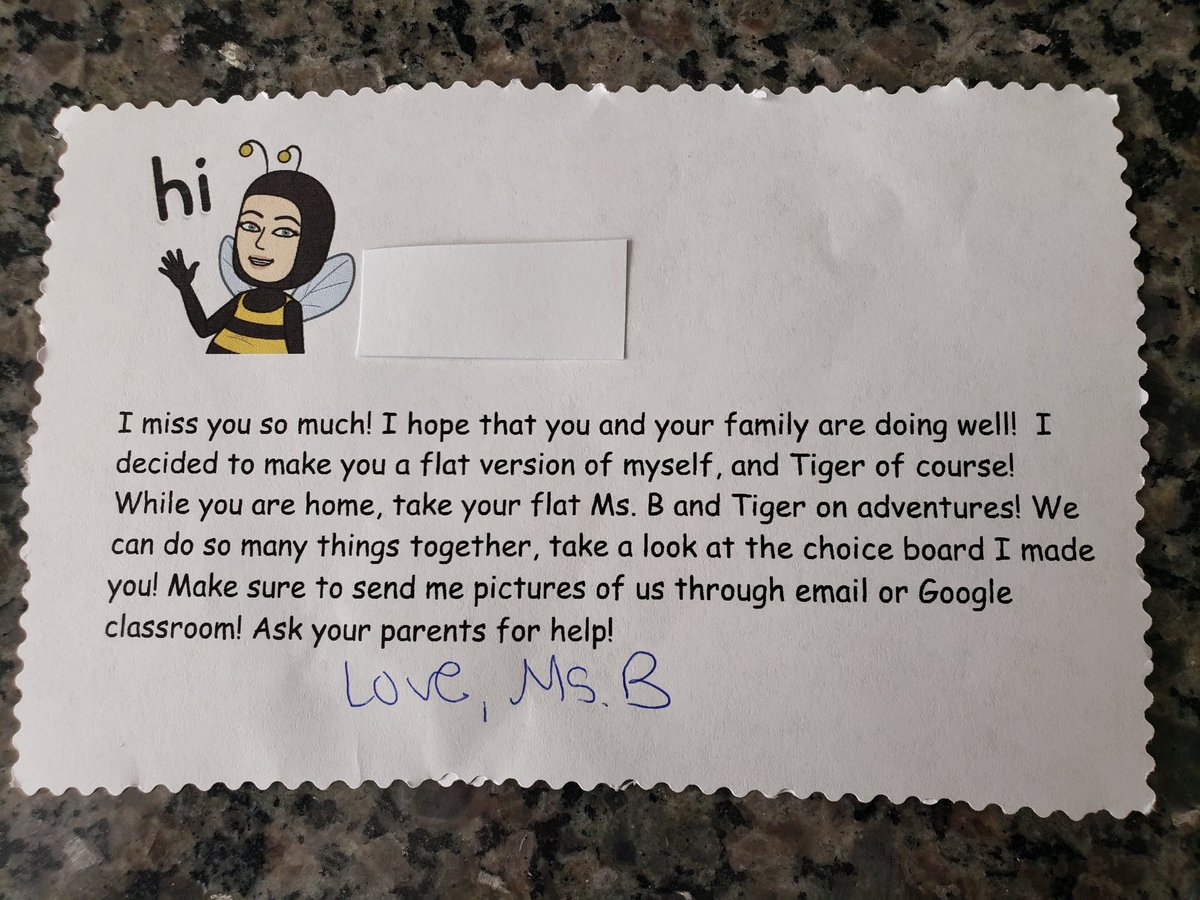 MsB_SPED35's tweet photo. Today I made a "flat Ms.B and Tiger (my cat!)" I can't wait to see the pictures my Ss send me!🤗♥️🐝🐈#msbsped #msbhive #lcps20 #autism @CedarLaneES https://t.co/V9AQFJCiGe