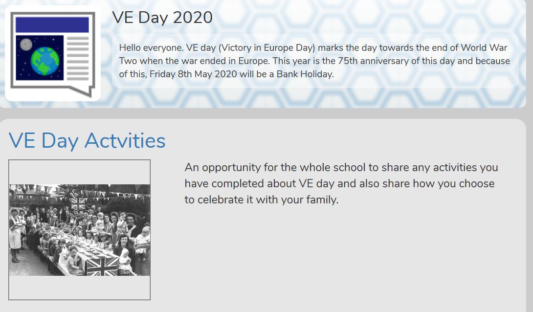 MissLewis2020's tweet photo. Make sure you head over to our whole-school VE Day blog with lots of activity ideas. We would love to see how you are celebrating and any work that you do! @BenyonPS #benyonhomelearning #homeschooling https://t.co/CiZIL2qHLP