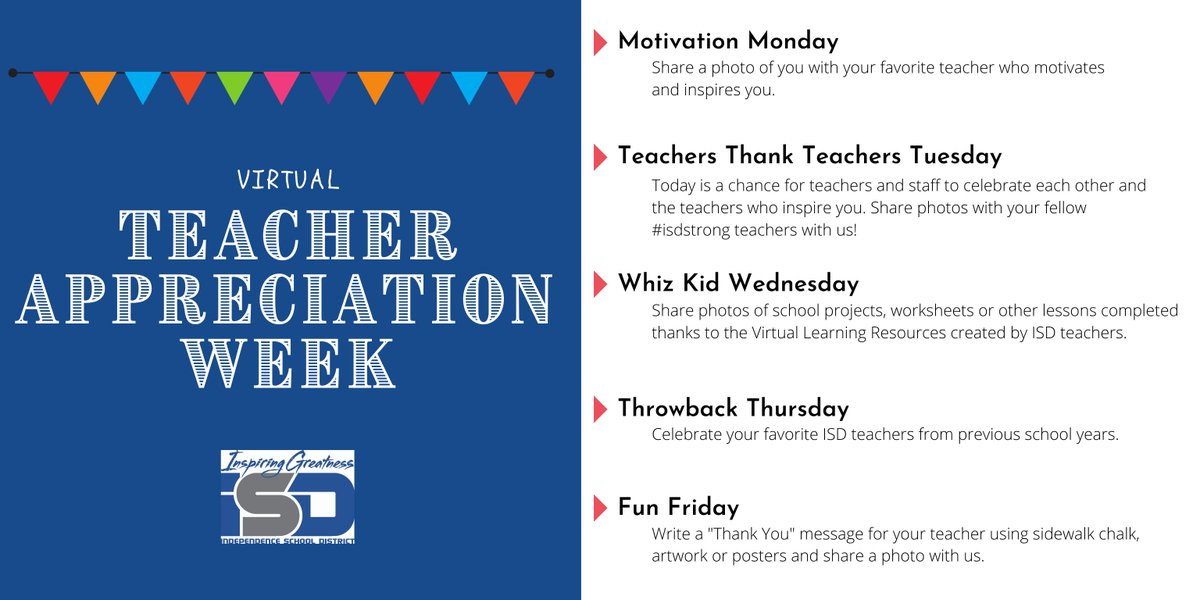 Help us celebrate the amazing teachers in the Independence School District during Teacher Appreciation Week! We are holding Virtual Teacher Appreciation Week and hope you share your messages, photos and videos of appreciation in comments on the Facebook posts each day. #isdstrong