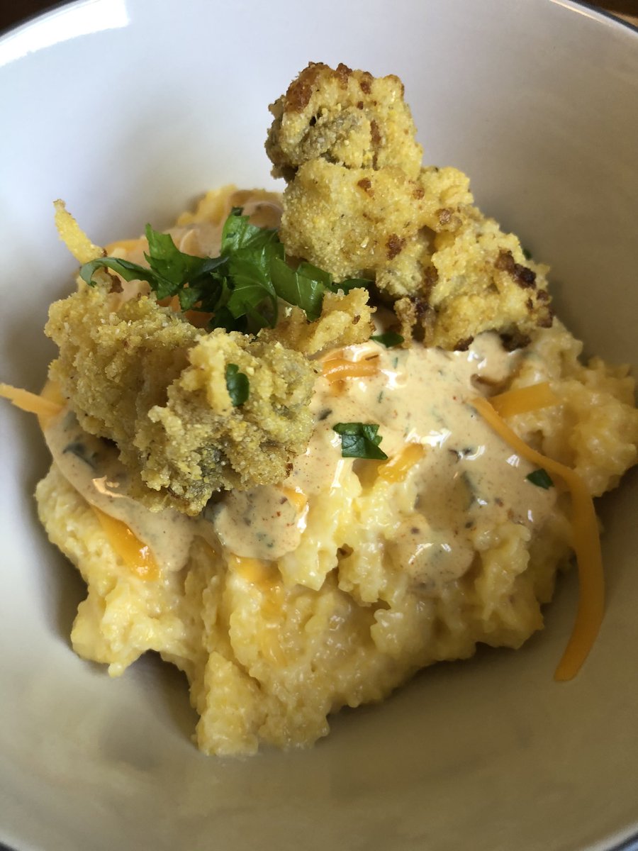 thatgrimes's tweet photo. Another item off the #CovidCookList! Old school cheese grits, cornmeal fried oysters (pacific— I’m sorry!), and remoulade sauce from scratch! #HappyDavid https://t.co/PYlVVFdP5C