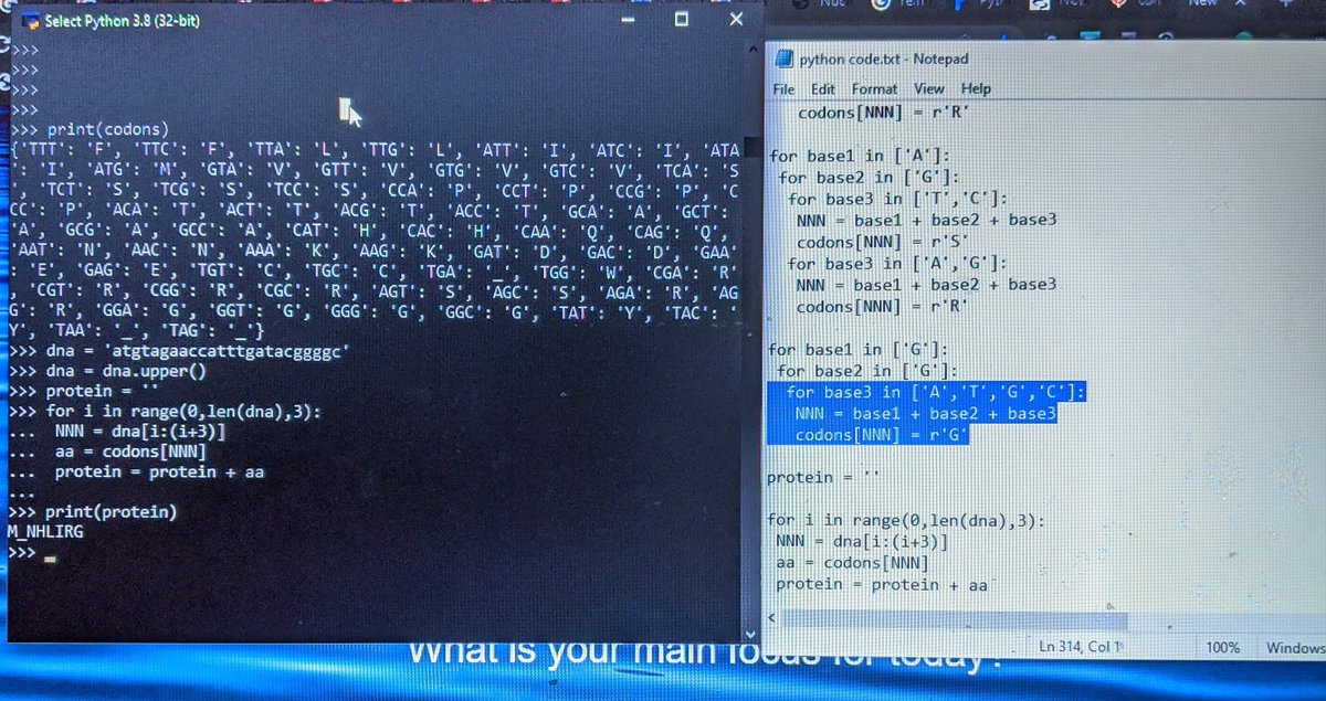 commie_umami's tweet image. Self-taught #Python in quarantine: I built a dictionary for codons & their corresponding amino acids, and write a program which translates any given DNA sequence into the sequence of the protein it encodes--from scratch, all by myself ๐ฅณ๐จโ๐ป #PythonForBiologists #CodeNewbie
