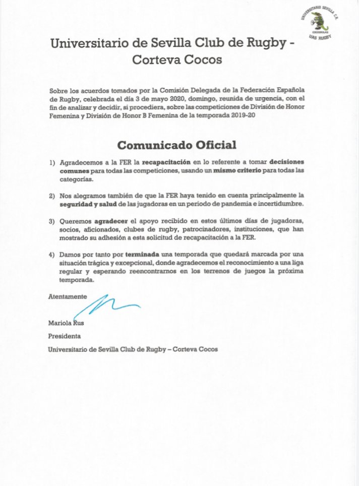 CocodrilasRugby's tweet photo. 📣🗒️COMUNICADO OFICIAL ante los acuerdos tomados por la Comisión Delegada de la @ferugby celebrada hoy. Agradecer la recapacitación de la FER. Lo que importa es la salud de las jugadoras. 
Enhorabuena a @eibarugbytaldea por el ascenso. Pronto nos reencontraremos, @chamirugbyfem. https://t.co/K2LaXH3jU4