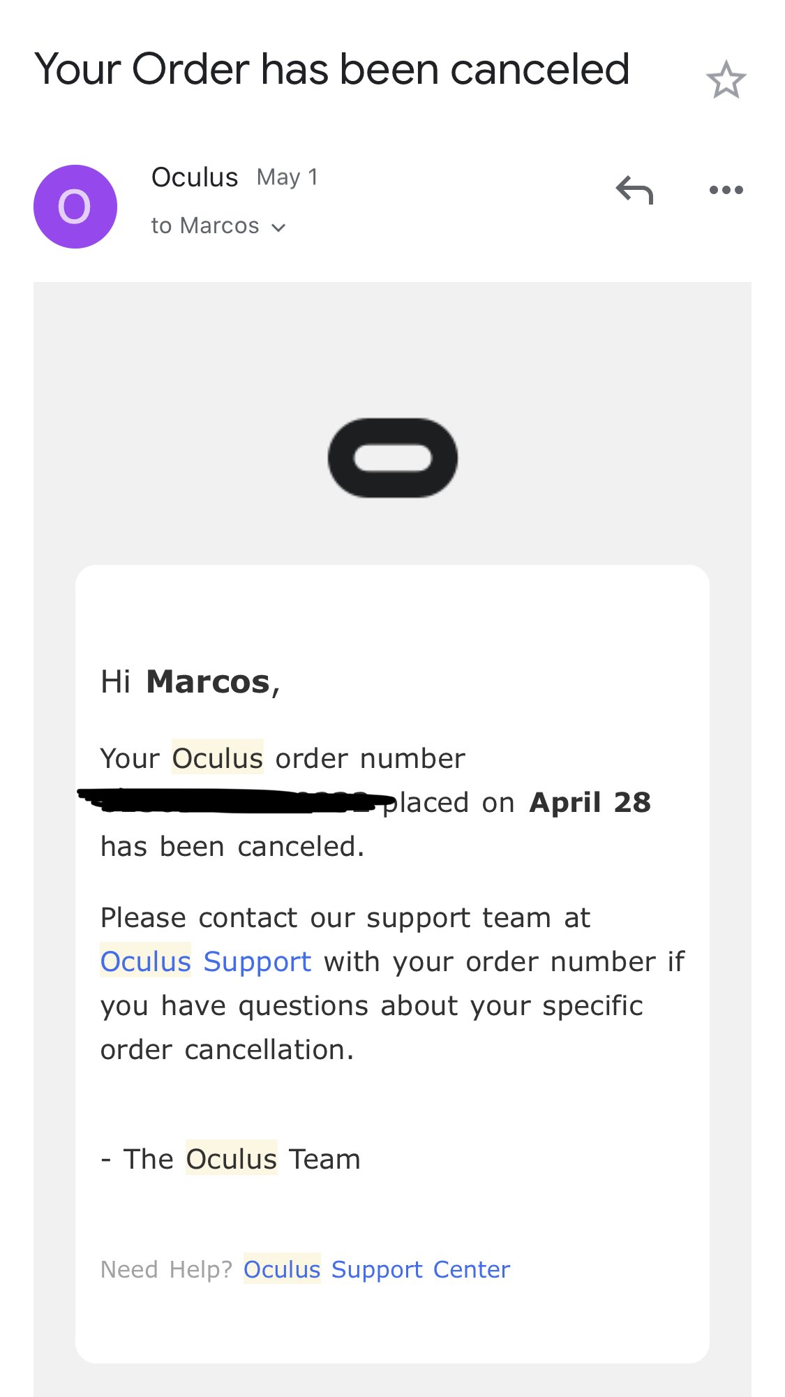 Marcos Alonso Twitter: "My Oculus order cancelled. No reason or explanation given from ⁦@OculusSupport⁩ Thanks ⁦@oculus⁩ https://t.co/qSiEmiBFLr" / X