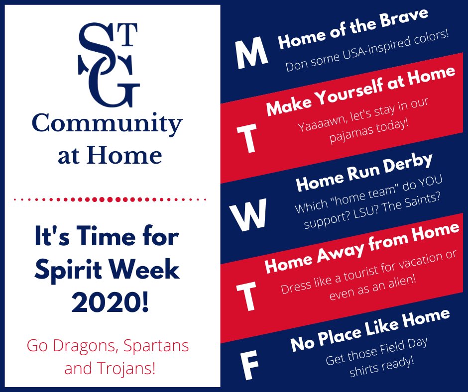 StG Spirit Week starts tomorrow and ends with Field Day on Friday! 
#GoDragons #GoSpartans #GoTrojans