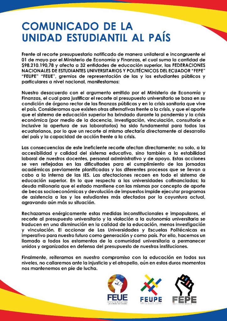 fepolespol's tweet photo. #IESsinRecorte #QuelaUnopaguelaCRISIS 
Iniciamos el twittazo con el manifiesto de las y los estudiantes, no callaremos hasta que el Gobierno escuché 
Difunde, todos juntos!
@Lenin @ottosonnenh @Educacion_Ec @EduSuperiorEc @ces_ec @Caces_Ec @JimmyCandell @FinanzasEc @RichardM_A https://t.co/C0tuIQqulT