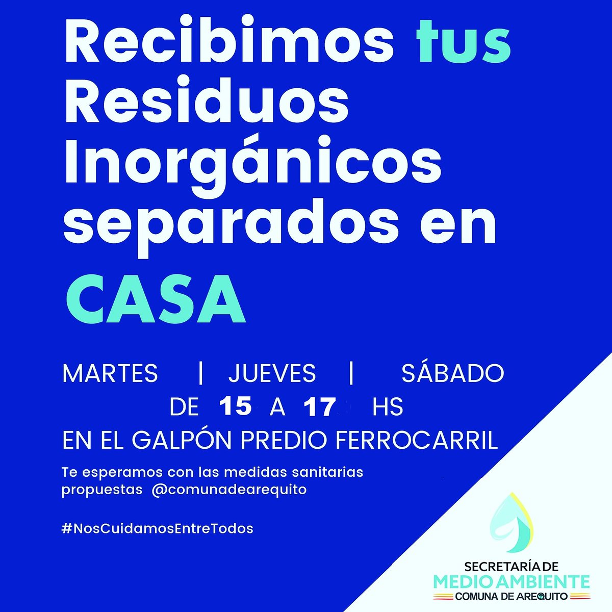 ✅🌎ℹ Esta semana vamos a recibir los residuos inorgánicos separados en tu casa, de 15 a 17 hs. en el Galpón del Predio Ferroviario los días: 

✔MARTES

✔JUEVES

✔SÁBADOS

 ✅ Respetando las medidas sanitarias obligatorias.

#noscuidamosentretodos #coronavirus