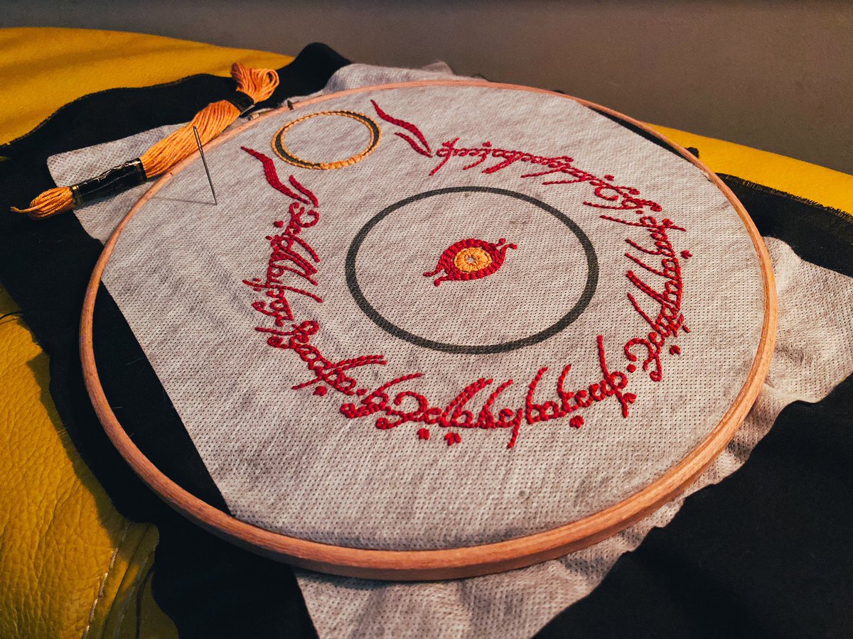 This is coming a long nicely, almost done :) can’t wait to get the fabric stabiliser off and see it in all its beauty #embroidery #handmade #LordoftheRings #fanart #eyeofsauron #Tolkien