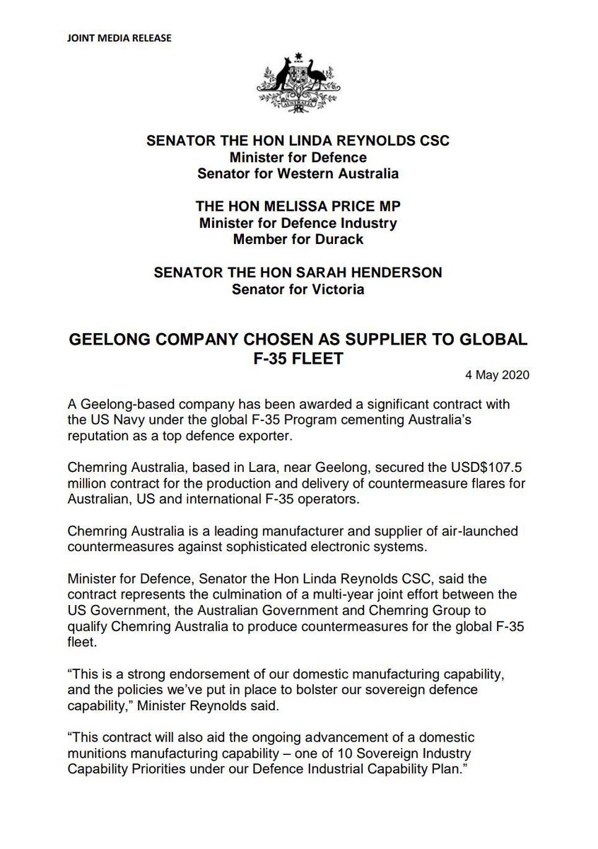 lindareynoldswa's tweet photo. .@ChemringAU, based near Geelong, has been awarded a significant contract with @USNavy, cementing Australia’s reputation as a top defence exporter.

The USD$107.5m contract is for the production &amp; delivery of countermeasure flares for Aus, US &amp; international F-35 operators 🇦🇺🇺🇸 https://t.co/lLivYGkDRd