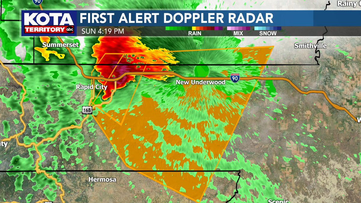 KOTAWeather's tweet image. A SEVERE THUNDERSTORM WARNING is in effect for Custer, Meade &amp;amp; Pennington counties until 5:15PM. Wind gusts up to 60 mph &amp;amp; ping pong ball sized hail (1.5" diameter) are likely. Areas impacted include Box Elder, Caputa, New Underwood &amp;amp; Farmingdale. #sdwx #KOTAWeather