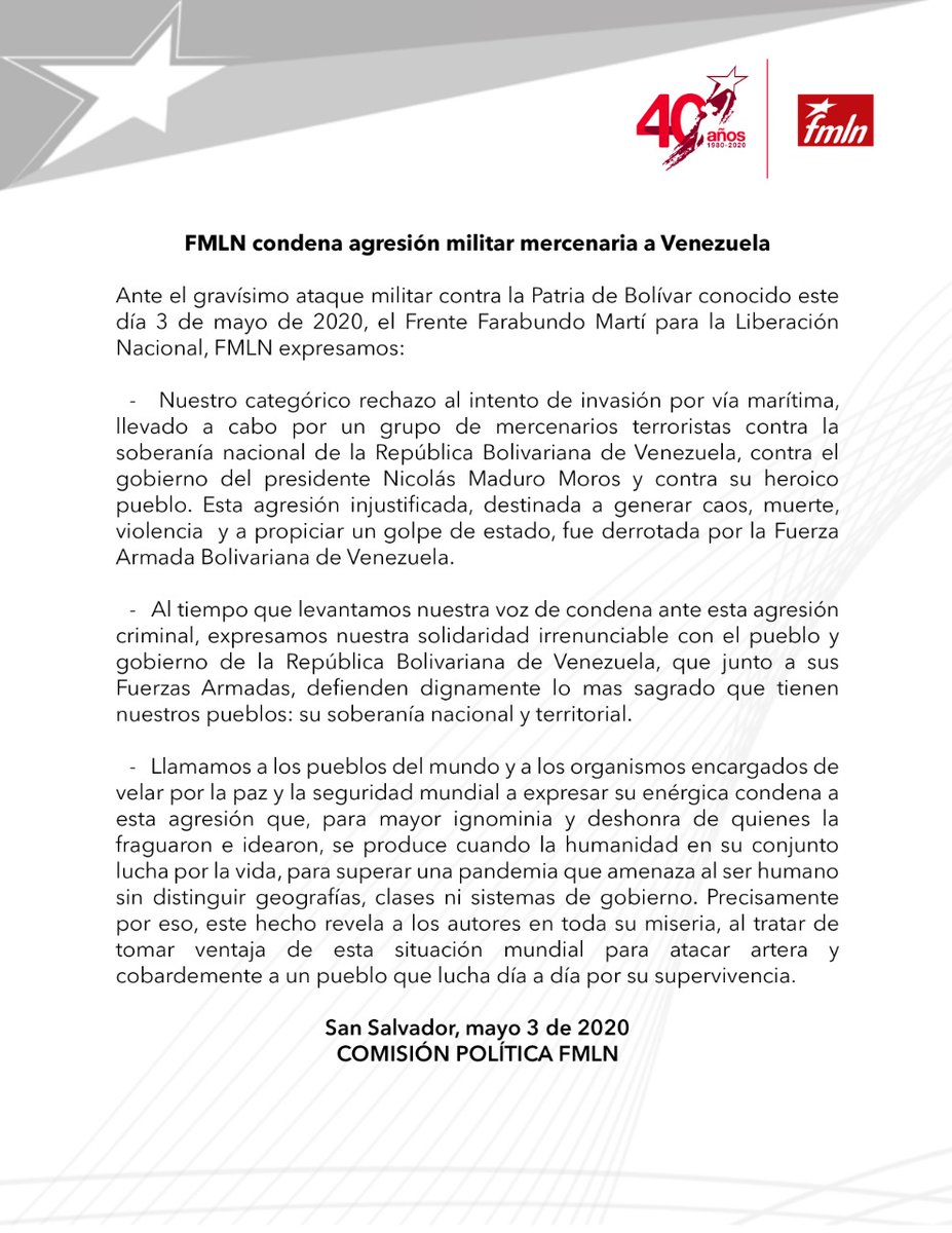 FMLNoficial's tweet photo. Ante el gravísimo ataque militar contra la Patria de Bolívar conocido este día 3 de mayo de 2020, el Frente Farabundo Martí para la Liberación Nacional, FMLN expresamos 👇🏼 https://t.co/ra7siLaovs