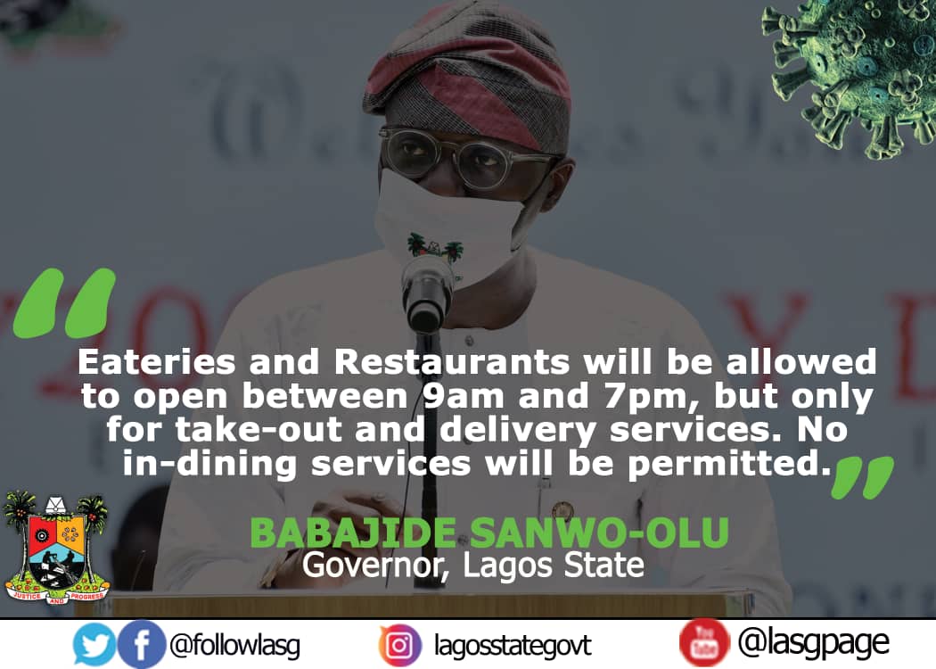 followlasg's tweet photo. Governor Sanwo-Olu on Amended Gradual and Controlled Easing of the Lockdown from Monday May 4. @jidesanwoolu @drobafemihamzat 
@HMOKUNOLA1
@gbenga_omo @gboyegaakosile 
@Mr_JAGss
#LagosAgainstCovid19 #CovidLASG 
#TakeResponsibility #StaySafeSaveLives 
#LASG #ForAGreaterLagos https://t.co/qmBbROFlYZ