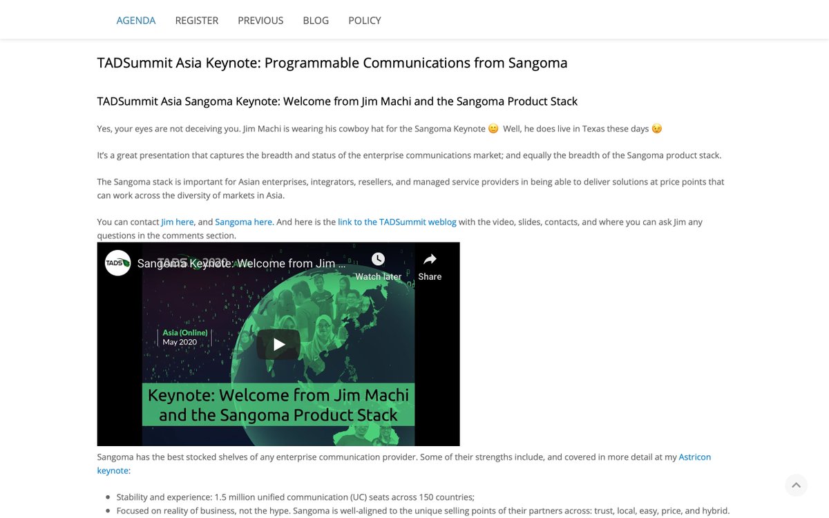 Just published <a href="/TADSummit/">TADSummit</a> #Asia 2020 Keynote from <a href="/JMachiSangoma/">Jim Machi</a> <a href="/Sangoma/">Sangoma</a> 

tadsummit.com/2020/asia/agen…

Check out the weblog for the video, slides, contact info, and ask questions: blog.tadsummit.com/2020/05/03/san…

<a href="/AsteriskDev/">Asterisk PBX Development</a> <a href="/voipinnovations/">VoIP Innovations, a Sangoma Company</a> <a href="/apidaze/">apidaze.io</a> <a href="/FreePBX/">FreePBX</a> #CPaaS #UCaaS #cowboyhat