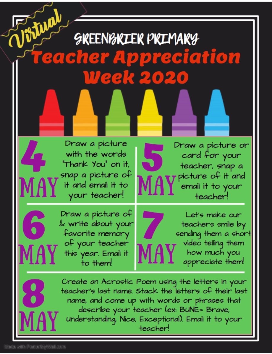 grp_pta's tweet photo. It’s Teacher Appreciation Week! We’ve thought of some ways you can show your love and appreciation for all the hard work our teachers have done to stay connected with students. It is not limited to these ideas, these are only suggestions. We ❤️ our GRP teachers!!! @GRPChesapeake https://t.co/AZoNjJsAjw