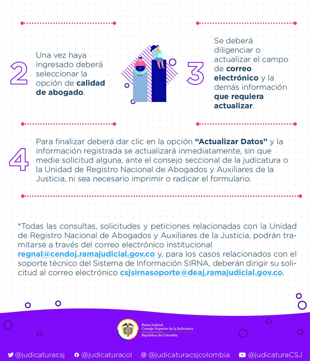#JudicaturaInforma 📣 Recordamos a todos los abogados inscritos en el Registro Nacional de Abogados registrar y/o actualizar su cuenta de correo electrónico para facilitar el uso de las Tics en sus gestiones ante los despachos judiciales 💻👉🏽 bit.ly/2ycgjoJ