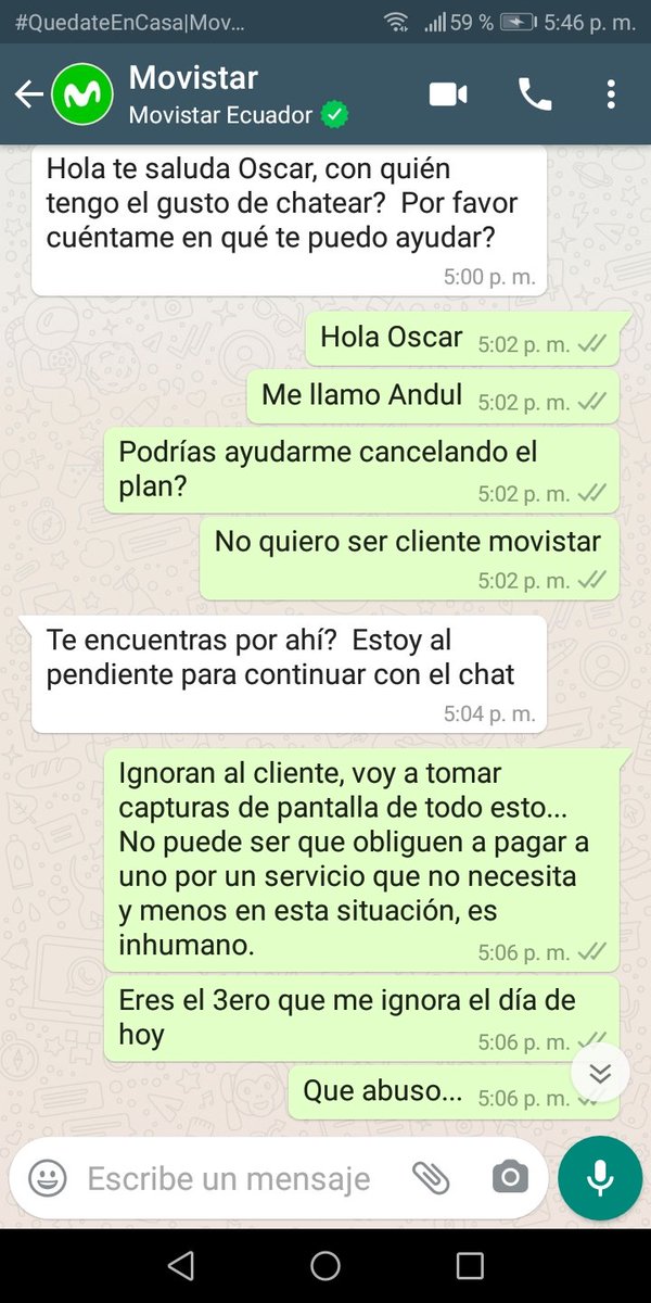 Anganomo's tweet photo. @MovistarEC @Arcotel_ec Están ignorando al cliente, necesito cancelar mi plan y dejar de ser cliente movistar y solo le dan largas al asunto para seguir cobrando aprovechándose de la cuarentena. https://t.co/btMkcdRREq