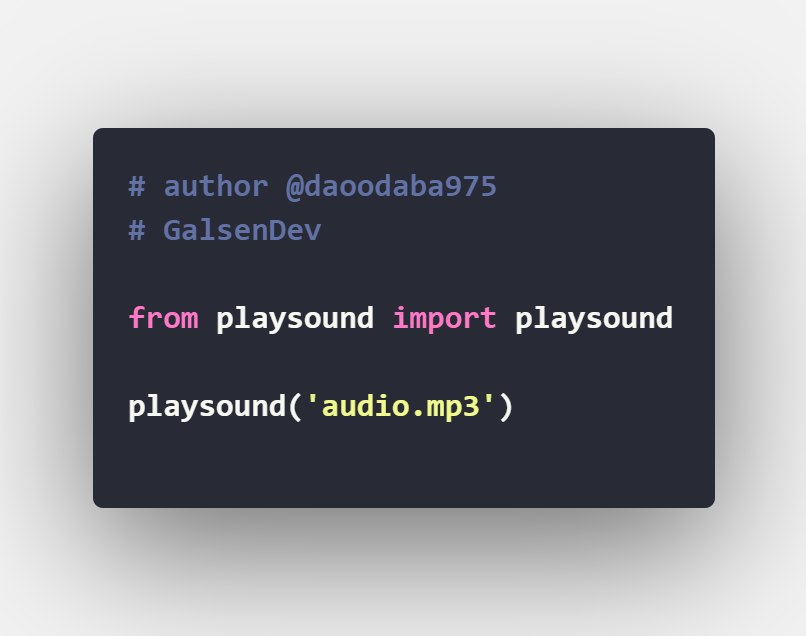 galsendev's tweet photo. #PythonWeekly #GalsenDev

WEEK 7

Ce script Python vous permet de jouer un son.

Playsound est module simple à utiliser si vous souhaitez lire un fichier WAV ou MP3. https://t.co/QAsZCjK4u9