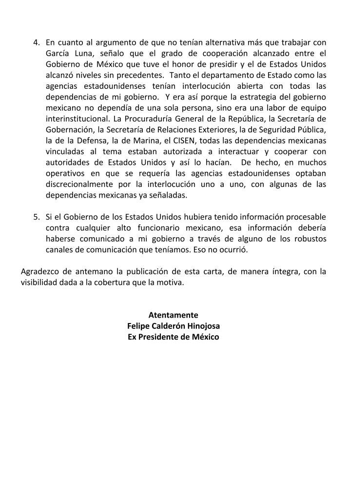Les comparto carta que envié a Proceso. Es falso que yo tuviera información de vínculos de García Luna con el narcotráfico. Cómo la Emb. Jacobson dice, lo que había eran rumores no corroborados- ni por EUA ni por México- con evidencias o fuentes sin sesgo.