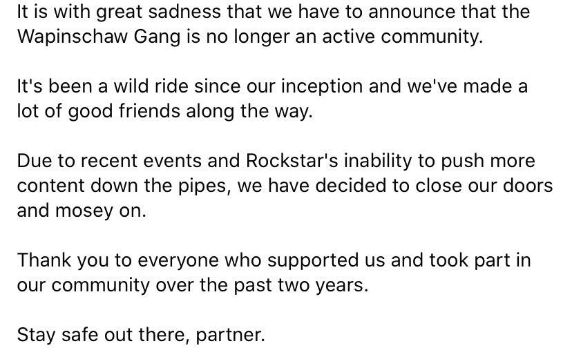 wapinschaw's tweet photo. PSA. Thanks for the good times and to those who have joined us along the way. Stay safe ❤️🖤
#PS4 #RedDeadRedemption2 #RedDeadOnline #XboxOne #RockstarGames https://t.co/U60RS2e11l