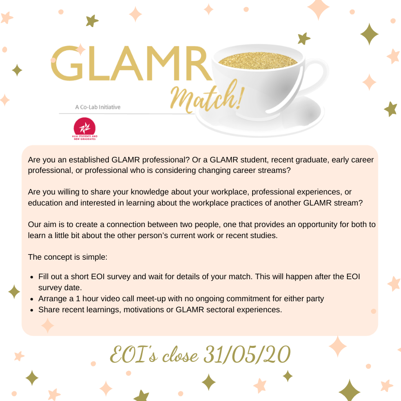 ALIANewGrads's tweet photo. #GoodNewsMonday - GLAMRMatch is back! 

EOIs close 31 May. Don't miss out on this great networking opportunity!

https://t.co/0SCNp5RMV2 https://t.co/7jlOtBiIa7
