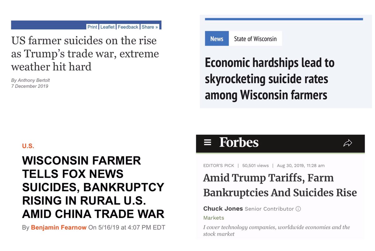 mnissan22's tweet photo. @lesleyabravanel @realDonaldTrump Right now on #60Minutes farmers talking about how bad the #TrumpTaxTariffs have devastated them, & how many young farmers have committed suicide since 2018. tTump policies have ruined lives. The $28 billion socialism bailout didn’t help them, only made banks happy #TrumpMeltdown https://t.co/189AtFTn9j