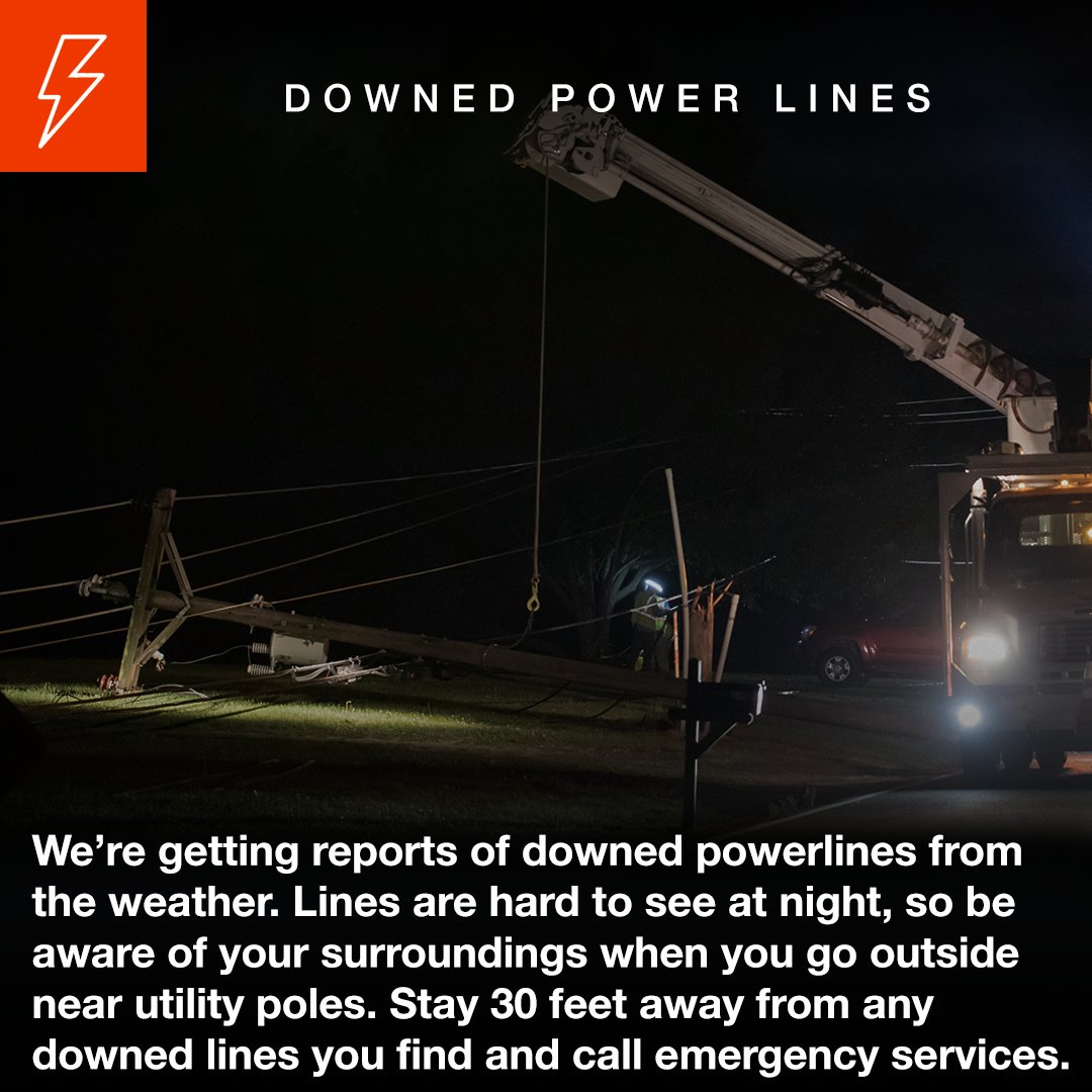 MidTnElectric's tweet photo. As of 6:35 p.m., crews are actively working to assess and restore outages to 40,000+ members. Members need to be careful because trees are causing downed power lines which are hard to see in the dark.

Outage reporting is still down, but our IT team is working to restore it soon. https://t.co/XUPfSFGJlb
