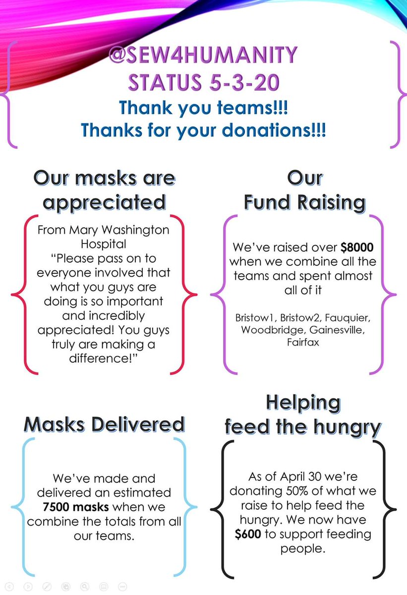 Looking for more people to volunteer and any #donations if possible. As of April 30th we giving 50% of our donations to #FeedTheNeedy and the #hungry here in #PWC and #Manassas. Your support helps far and wide. Please like and share our story. #Sew4Humanity #masks
#Sew4Heroes