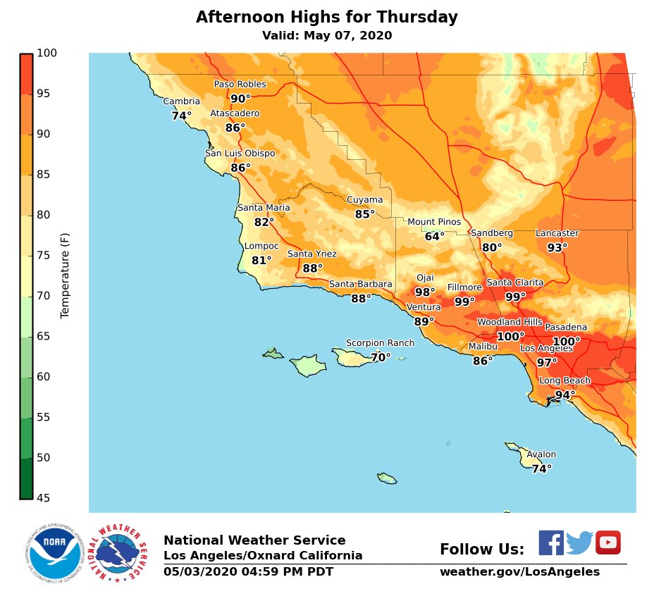NWSLosAngeles's tweet image. Heat wave still on track for Tue-Fri, with Wed and Thu expected to be hottest days with possible records. Temps soaring to 90-100° for valleys, foothills, deserts, and portions of the coastal  plain on Wed-Thu. #LAheat  #SocalHEAT #LAWeather #cawx