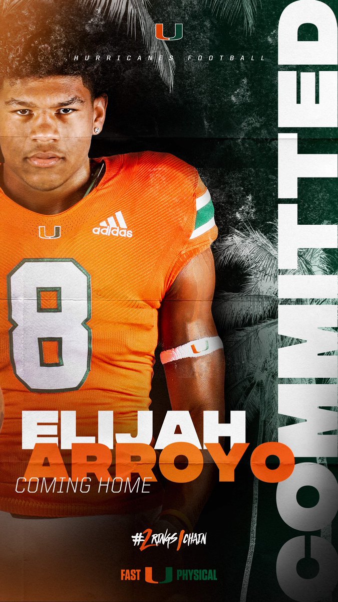 Elijah Arrojo a  recruit, the top TE in Texas and the #10 TE in the nation makes his pledge for the . Miami beats: Texas A&M, Alabama, Georgia, LSU, Penn State and others for his commitment. Credit for his recruiting goes to  @CoachField  @rhettlashlee !