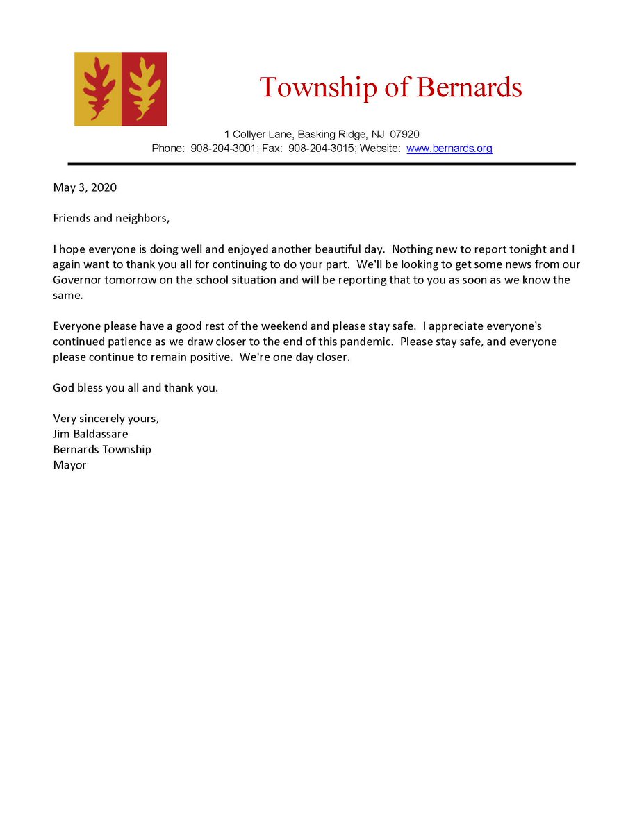 MAYOR JAMES BALDASSARE'S LETTER TO THE RESIDENTS - MAY 3, 2020