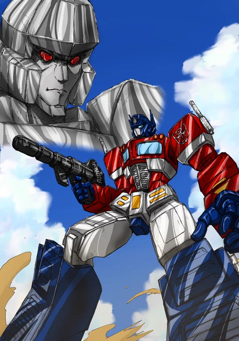 テカテカセル画風デジタルイラストトランスフォーマーコンボイとメガトロン#トランスフォーマー#transformers#TF#コンボイ#司令官#オプティマスプライム#optimusprime #メガトロン#megatron #TF好きな人どこにいるんですかRTして存在を知らせてください#イラスト#セル画#デジタル 