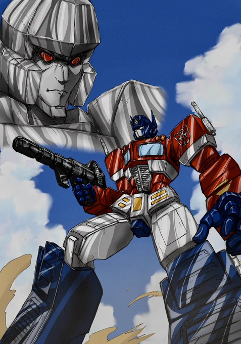 テカテカセル画風デジタルイラストトランスフォーマーコンボイとメガトロン#トランスフォーマー#transformers#TF#コンボイ#司令官#オプティマスプライム#optimusprime #メガトロン#megatron #TF好きな人どこにいるんですかRTして存在を知らせてください#イラスト#セル画#デジタル 