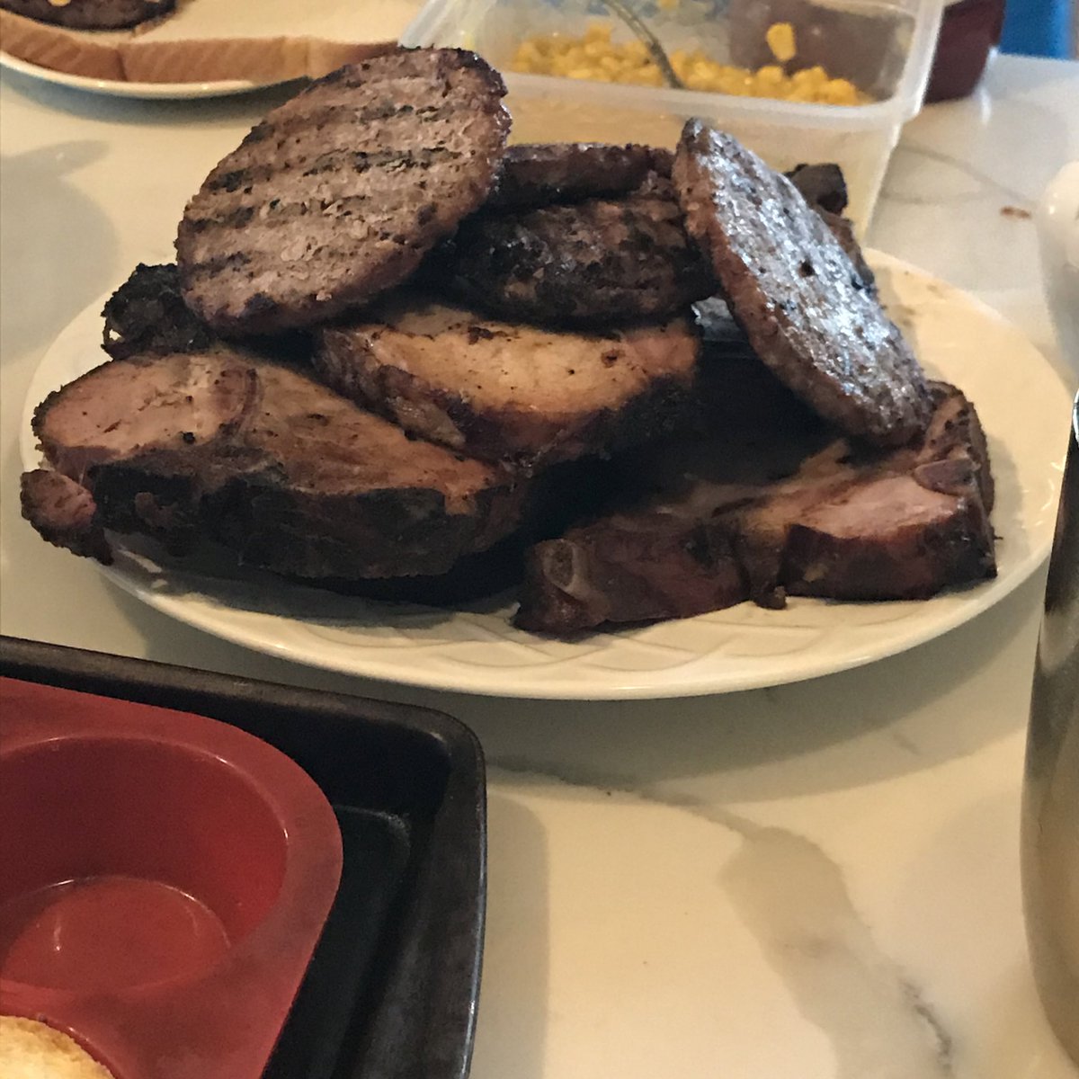 Smoked chops and pork burgers off the grill. It doesn’t get much better.