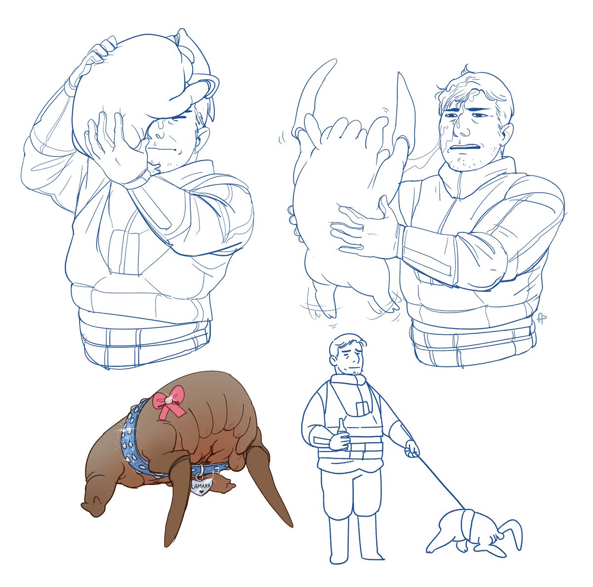 stegozavry's tweet photo. dumb lil sketchdump from today

i decided barney and lamarr have a begrudging affection for one another and he takes her on walkies while kleiner is busy

(also i totally forgot she doesnt have any teeth, so if she latches, it’s just horrible slobbery gumming) https://t.co/xqkadQEsWU