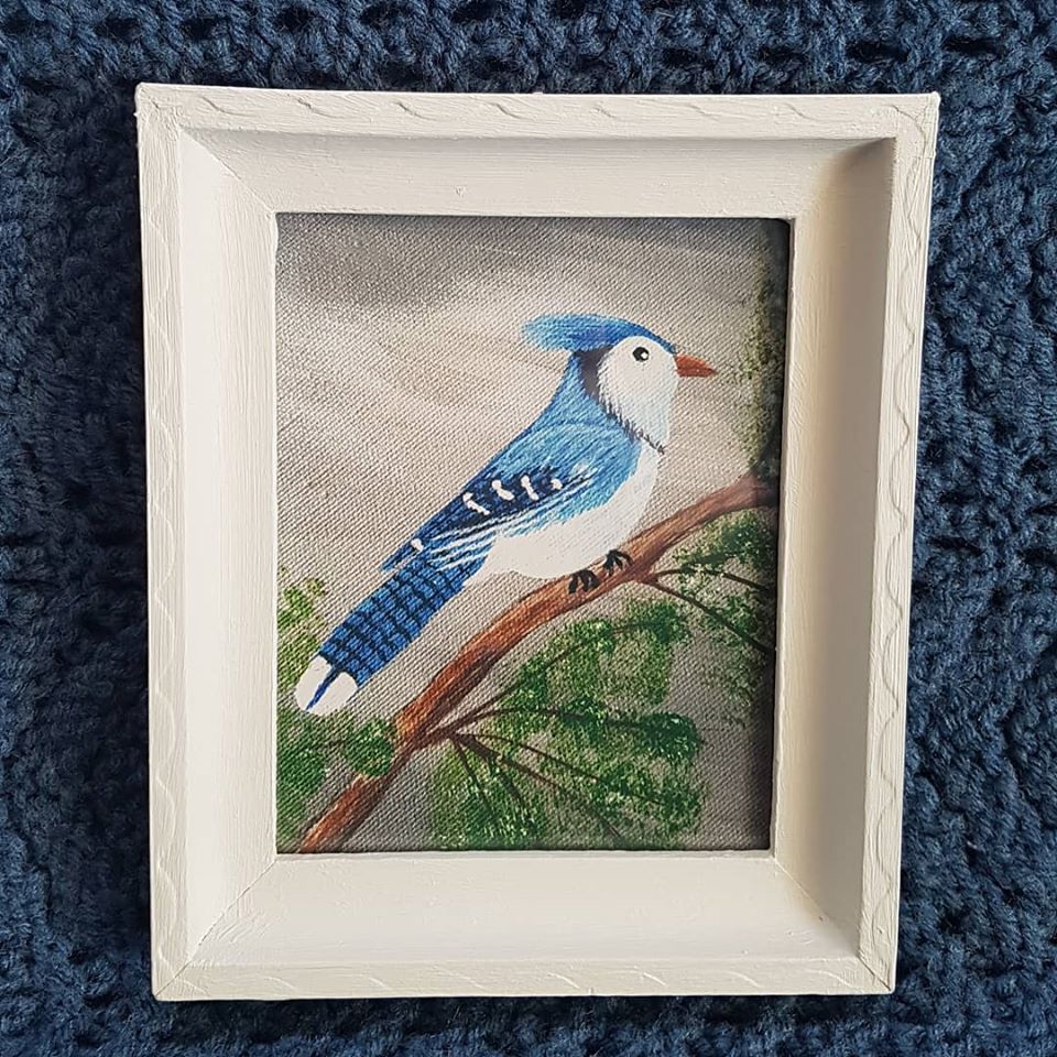 fivebluebuttons's tweet photo. Mothers Day sale!

Print of a blue jay painted by my mom.
Measures circa 4×6. Vintage wood frame.
$18 + shipping.
If you live in eastern PEI, I can deliver it to your doorstep for $5.00 ( but I will not come in).
Cash, cheque or e-transfer accepted.
#bluejay #shoplocal #birding https://t.co/M5qDvY5RiY
