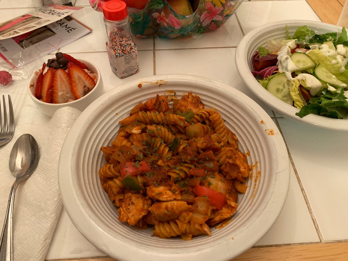 Sunday dinner! Cajun-ish pasta in a blush sauce that I definitely made a wee bit too spicy, salad, and a chocolate yogurt parfait for dessert