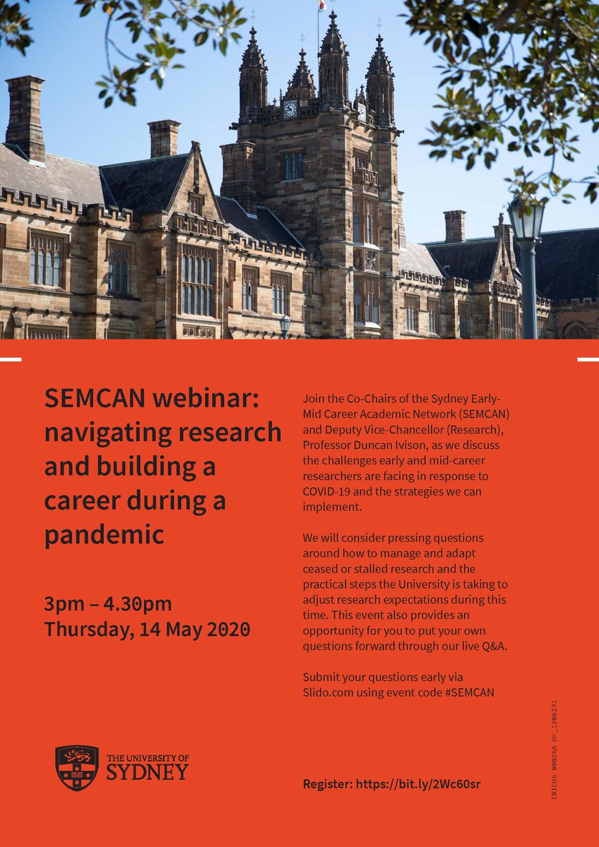 Usyd_SEMCAN's tweet photo. SEMCAN webinar: navigating research and building a career during a pandemic
Join the Co-Chairs of SEMCAN and Deputy Vice-Chancellor (Research), Professor Duncan Ivison
Submit your questions early via https://t.co/7TGTMqJkQo using code #SEMCAN
Register: https://t.co/RCtFfX6JZB https://t.co/YsH5iGeSoT