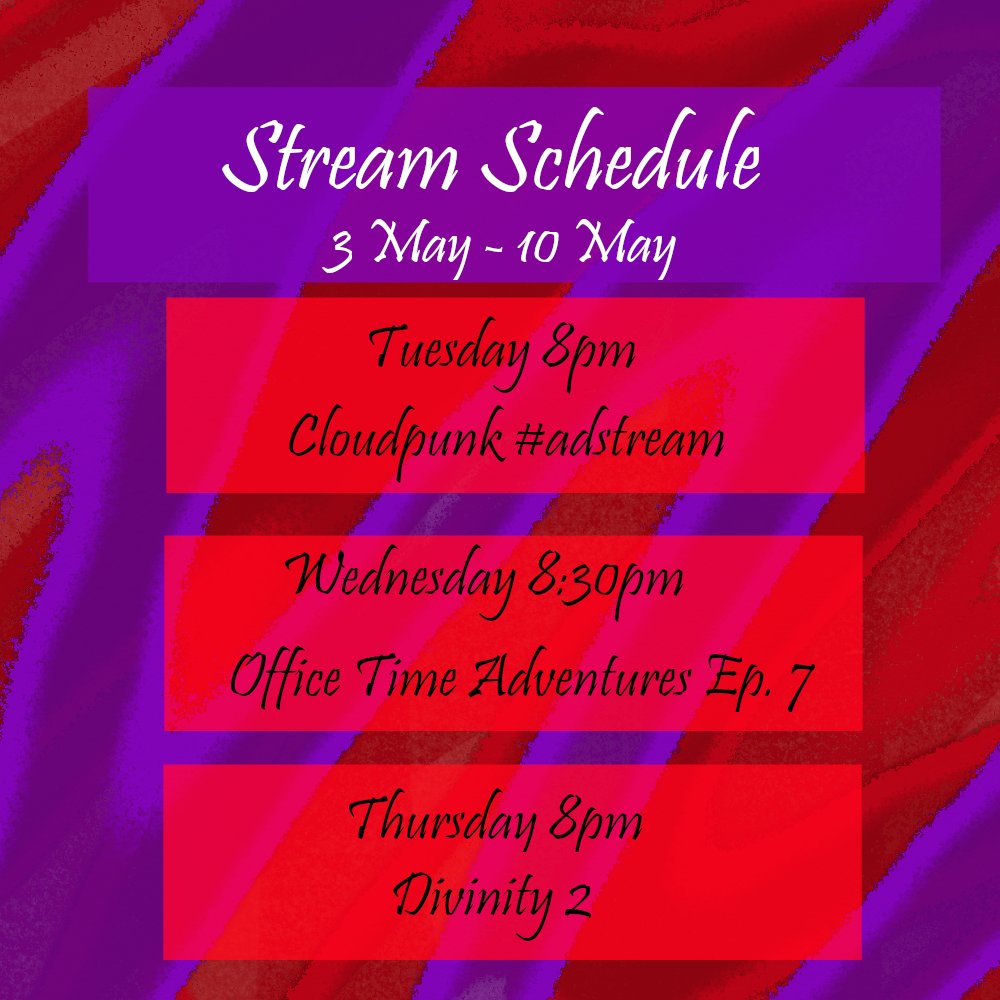 ScarlettHellion's tweet photo. Stream Schedule for the upcoming week! Really excited to try out Cloudpunk by @ionlands in this week's #adstream especially after watching @Lunksauce play a few minutes! https://t.co/4pNOhboeX7