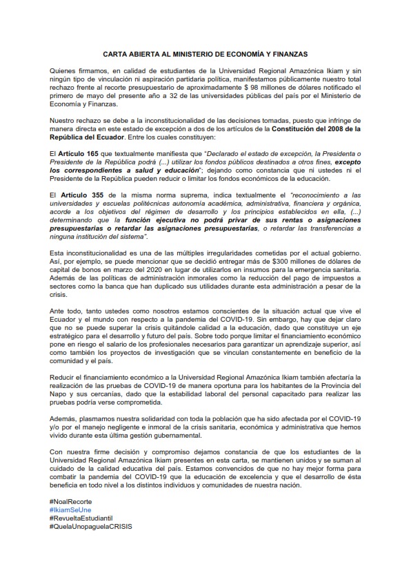 IkiamSe's tweet photo. Este es nuestro pronunciamiento: @FinanzasEc
 
@RichardM_A @ottosonnenh @lenin

Difundir por favor
@soyfdelrincon @NYTimes @Reuters @CNNbrk @CNN 
@AP @TIME @Guardian @guardiannews @BBCNews @CNNi

#IkiamSeSuma #NoAlRecorte #RevueltaEstuduantil
#QueLaUNoPagueLaCrisis https://t.co/qvxvdzeMkr