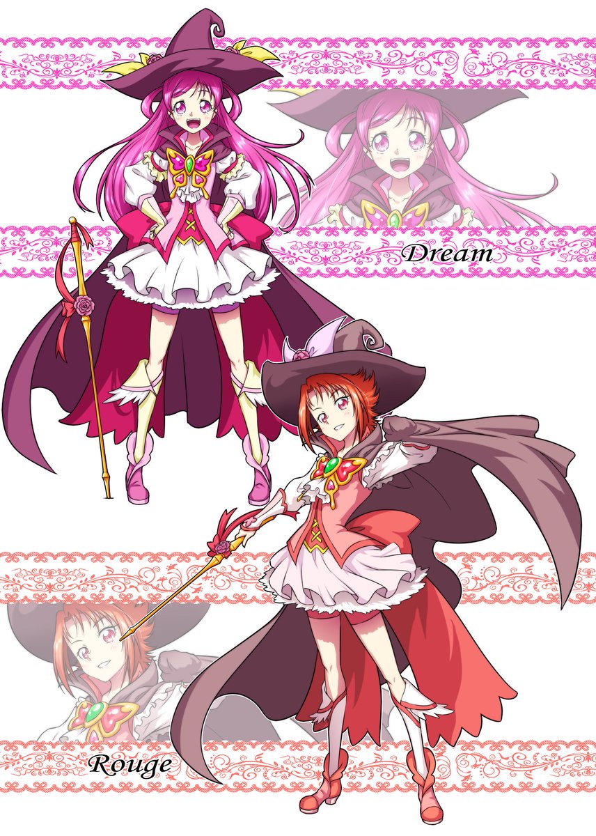 cure black ,misumi nagisa ,yukishiro honoka multiple girls hat witch hat twintails long hair blonde hair white footwear  illustration images