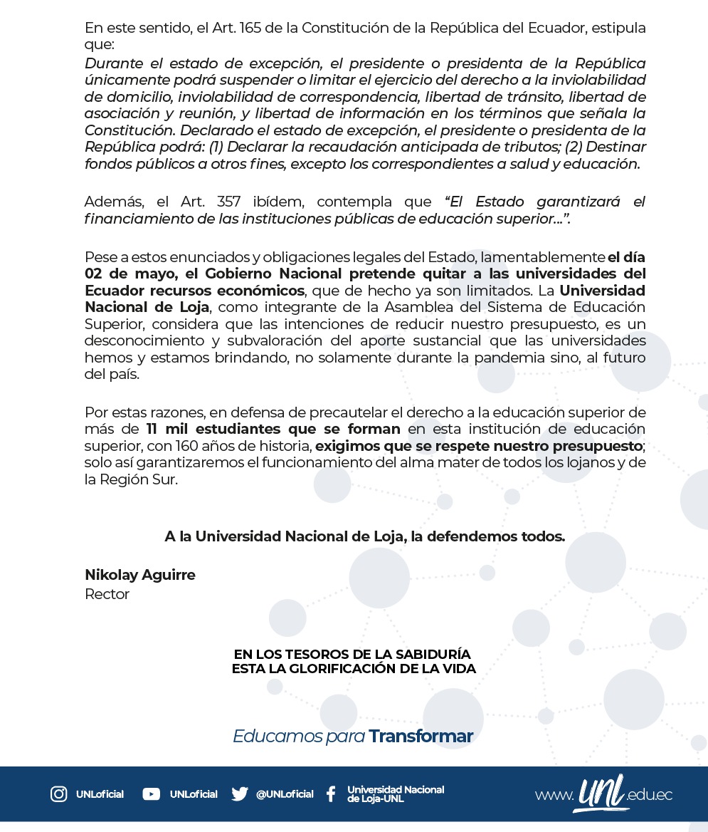 #Loja | Mensaje de nuestro rector, <a href="/NikolayAguirre/">Nikolay Aguirre</a>, a la comunidad universitaria y ciudadanía en general. 

¡A la Universidad Nacional de Loja la defendemos todos!