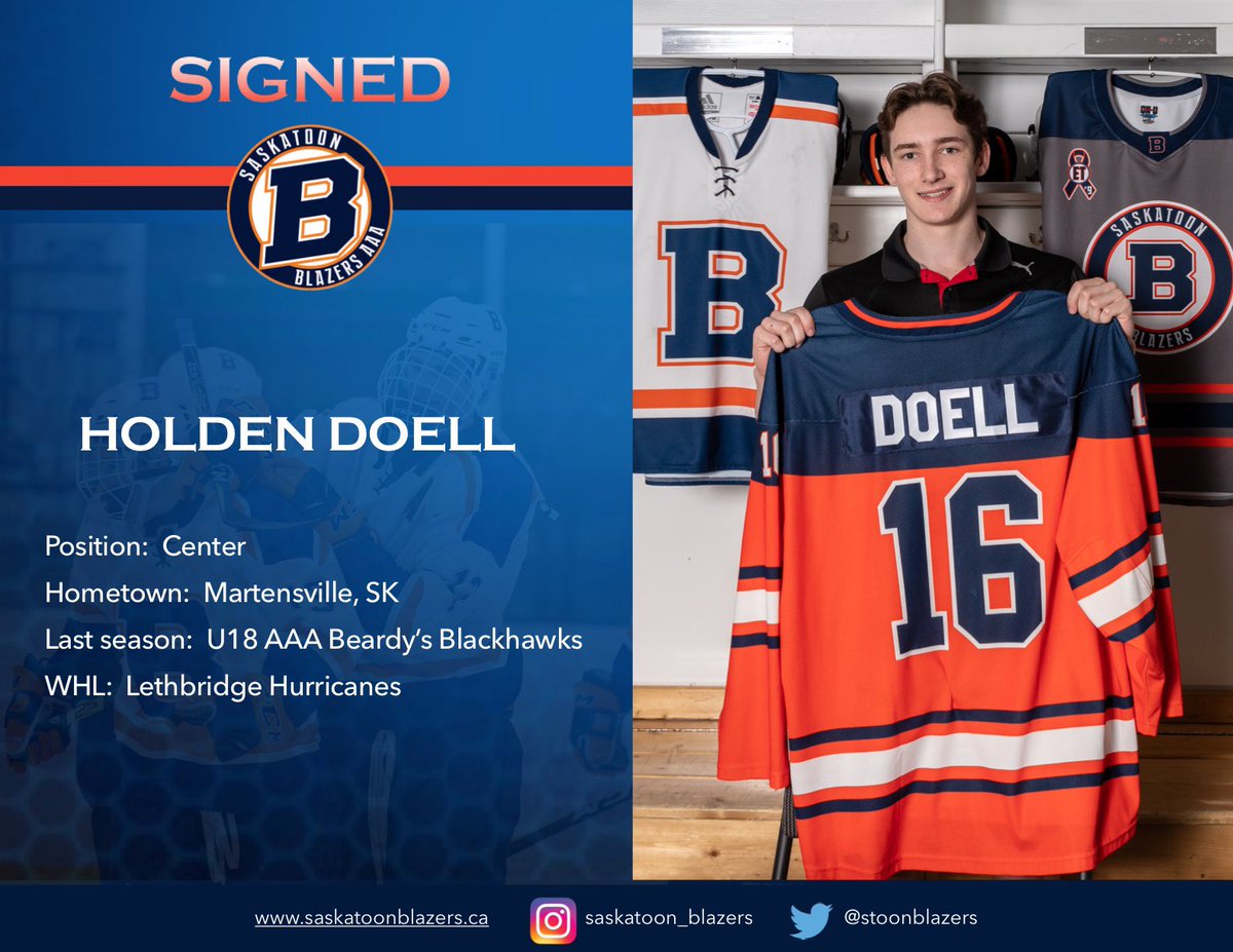 stoonblazers's tweet photo. 🚨Signed🚨

The Saskatoon Blazers are pleased to announce the signing of last year’s SMAAAHL scoring leader, Holden Doell. Welcome aboard, Holden!  🔥 https://t.co/XZHY94WOSo