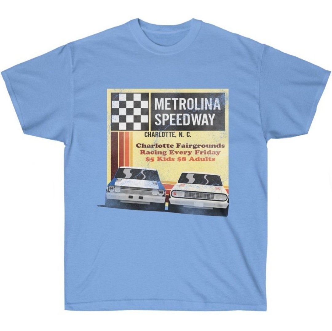 SPDesignsNC's tweet photo. Got the #MetrolinaSpeedway design finished and up in the #SPDesigns Store! It depicts the very first asphalt win of Dale Earnhardt's career as he outran Tommy Houston in the late laps of the race. Had to give it that 1974 feel. https://t.co/vueD7jROcj #NASCAR #RacingHistory https://t.co/Mqs0DgaFk1
