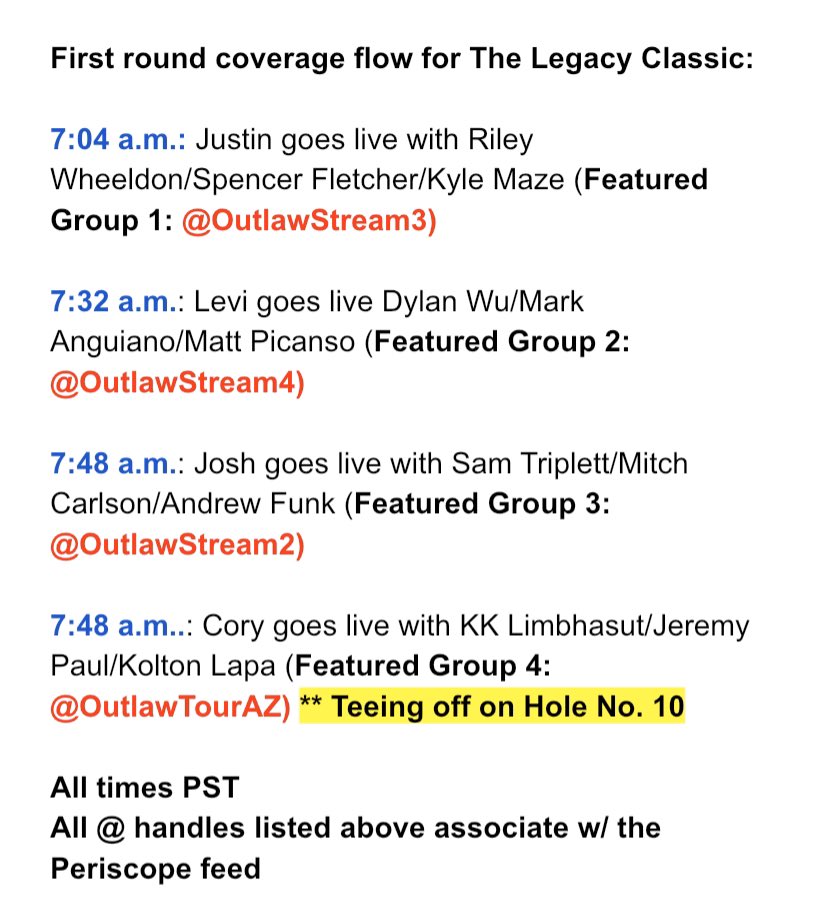 outlawgolftour's tweet photo. TOURNAMENT UPDATE: 

FEATURED GROUPS for the FIRST ROUND of the #LegacyClassic. 

LIVE coverage from the range begins at 6:30-ish a.m. PST. https://t.co/ha5AOhDGGa