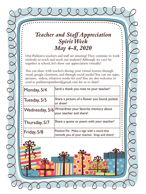 ParklawnPTA (@parklawn_pta) on Twitter photo Parklawn's teachers are amazing! PTA Members, let's show them how much we appreciate them by participating in Parklawn's Teacher Appreciation Week activities. Note the email address on the poster where you can send all of your messages of appreciation. <a href="/ParklawnFCPS/">Parklawn Elementary</a> Parklawn's teachers are amazing! PTA Members, let's show them how much we appreciate them by participating in Parklawn's Teacher Appreciation Week activities. Note the email address on the poster where you can send all of your messages of appreciation. <a href="/ParklawnFCPS/">Parklawn Elementary</a>