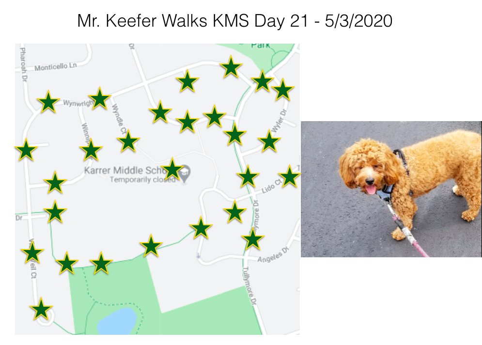 KMSRoom229's tweet photo. Day 21 of #KMSWander is done. This one was a little tough, Juno, @juliekeefer and I saw my closed classroom. But we saw lots of @KarrerMS friends out and about, so that was great. https://t.co/QbWBL6hAAZ